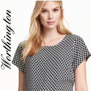 Dressy Blouse Classic Round Neck Worthington Short Sleeve Top Black White Print